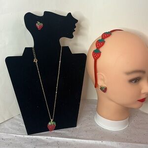 Strawberry (3) Pc Bundle Necklace, Earrings, and Headband